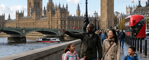 Family walking near the River Thames with Big Ben and the Houses of Parliament in London